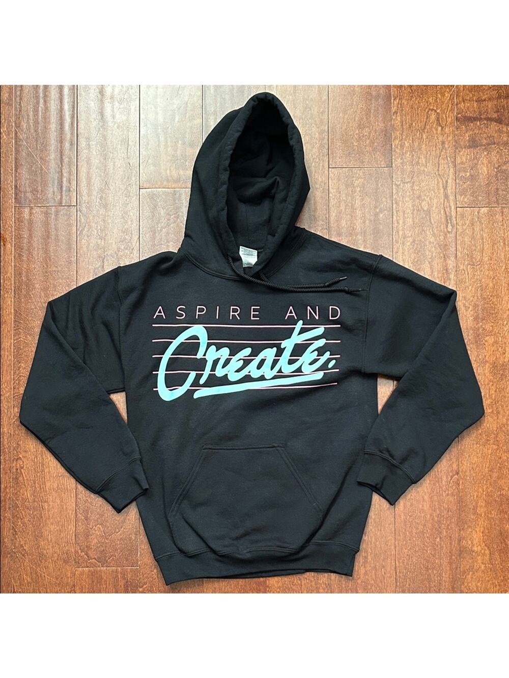 Aspire and Create Black Hoodie, Turquoise and Pink Graphic Print, Size S, NWOT